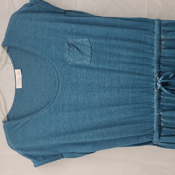 Long Maxi Dress Teal Blue Green Drawstring Tie Waist Short Sleeve Roll Up - Picture 2 of 6